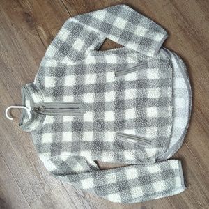 Fluffy Gray/White Checked PULLOVER - 3/4 zipper (Size 6 and 6x)